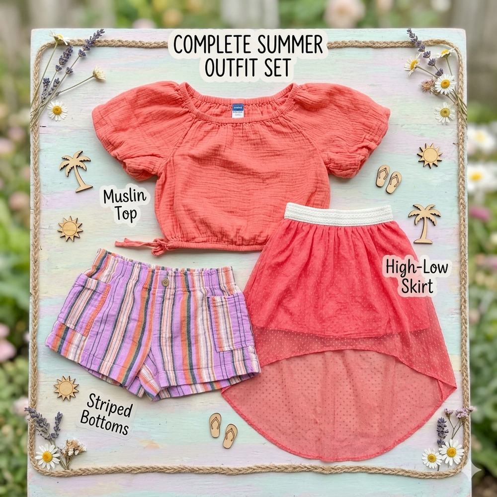 ​3pc Summer Outfit Set | Coral Boho Gauze Top, Striped Shorts & Swiss Dot Skirt